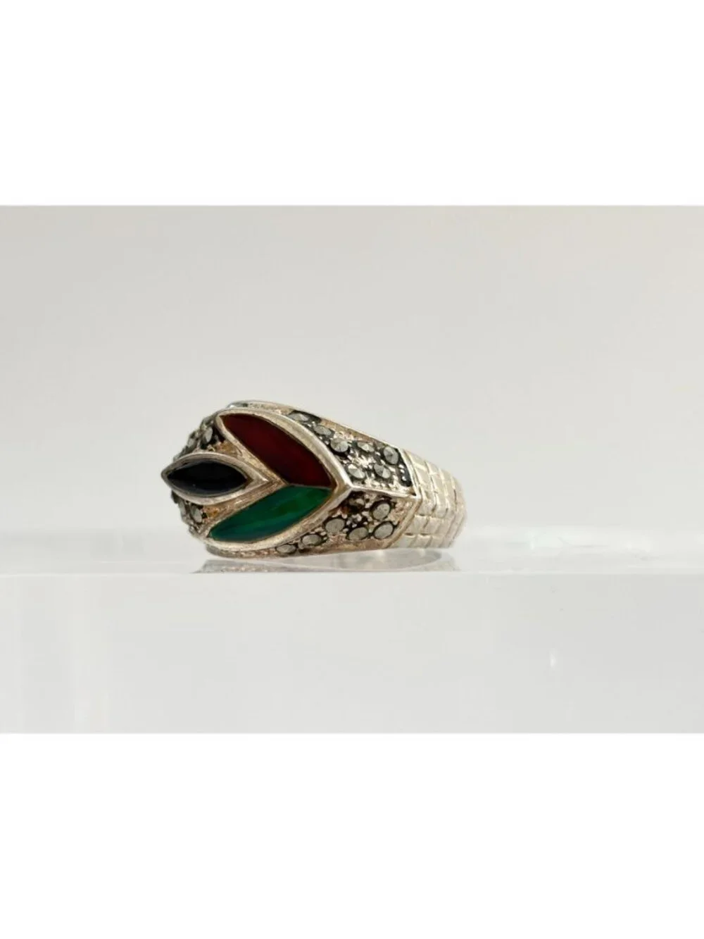 Art Deco Carnelian & Black Onyx Sterling Silver 925 Vintage Ring - sz 8.5